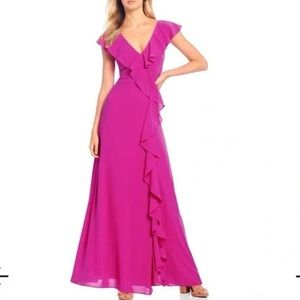 Badgley Mischka Belle pink ruffle wrap gown